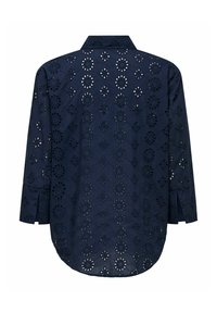 Navy-blaues Hemd mit einem dekorativen Lochmuster, mit einem kragen und langen Ärmeln sowie einem abgerundeten Saum. Leichter, atmungsaktiver Stoff.