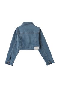 Giacca di jeans cropped in azzurro chiaro, realizzata in cotone. Caratterizzata da maniche lunghe, colletto a punta e un'etichetta sul retro.