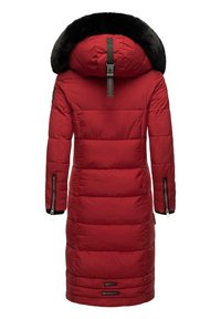 Red padded parka with a faux fur hood, long sleeves, zip side pockets, and adjustable hardware accents at the neck and hem.