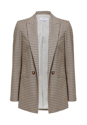Doppelt geknöpfter Blazer im braun-creamfarbigen Hahnentrittmuster, mit Spitzenrevers, zwei Knopfakzenten und Taschen. Gefüttertes Innenfutter.