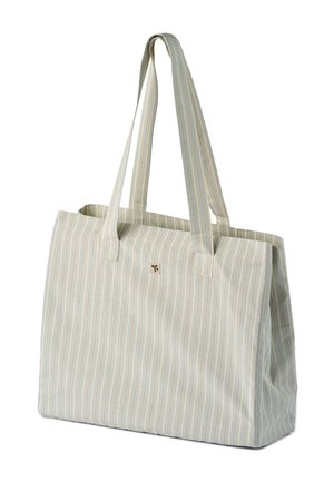 Grote rechthoekige draagtas met verticale blauw-beige strepen en twee lange schouderbanden.