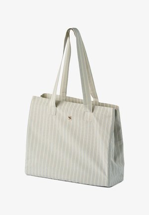 Grand sac cabas rectangulaire avec des rayures verticales bleu et beige et deux longues bandoulières.