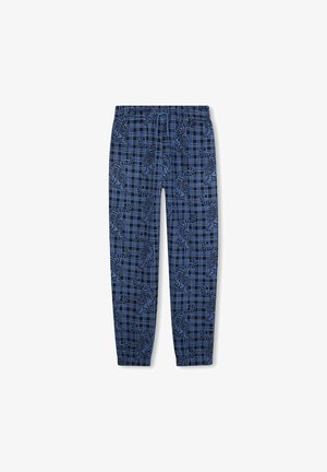 Blauwe gestreepte broeken met een plaid patroon en verfijnde zwarte details, elastische tailleband en taps toelopende pijpen.