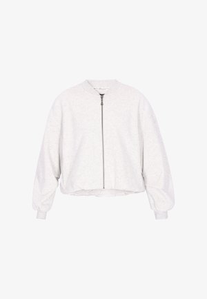 Lichtgrijze cropped bomberjack met een volledige rits, ronde halslijn en ballonmouwen. Gemaakt van zachte, gestructureerde stof.