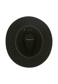 Chapeau à large bord noir vu d'au-dessus, avec l'étiquette "bugatti" à l'intérieur et un petit nœud décoratif près de la bordure intérieure.