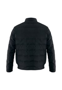 Černá prošívaná bunda s horizontálním prošíváním zobrazená zezadu, s dlouhými rukávy a krátkým stojáčkovým límcem.