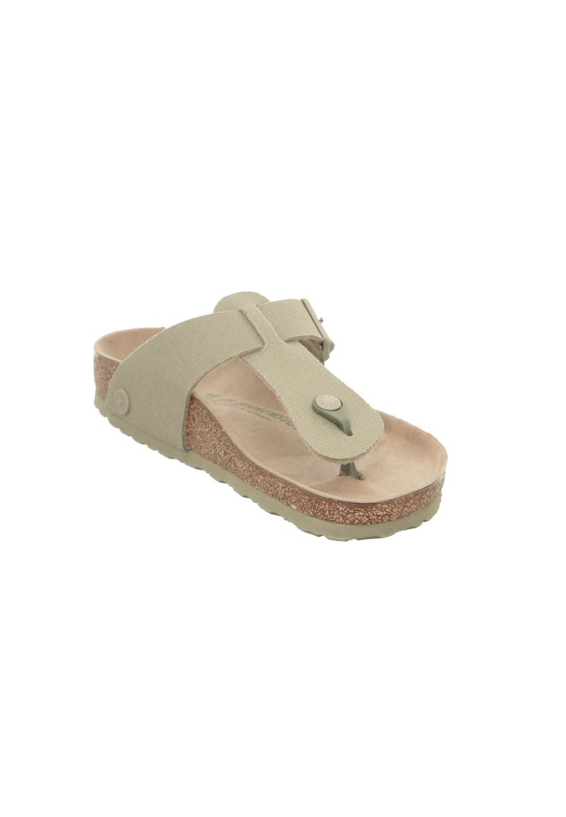 Infradito beige con upper in tessuto testurizzato, cinturino regolabile, soletta in sughero e suola in gomma. Adatti per un abbigliamento casual.