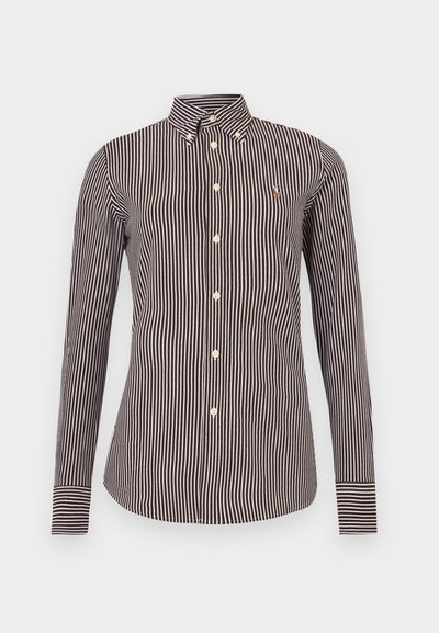 Barna és krémszínű csíkos hosszú ujjú ing gombos gallérral, kis logóval és kontrasztos mandzsetta csíkokkal.