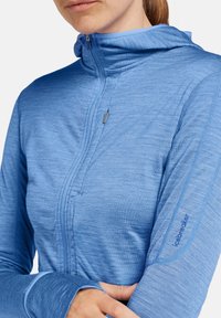 Sudadera con cremallera de color azul claro, que presenta una textura suave, capucha y agujeros para los pulgares en los puños. El logo está impreso en la mangas izquierda.