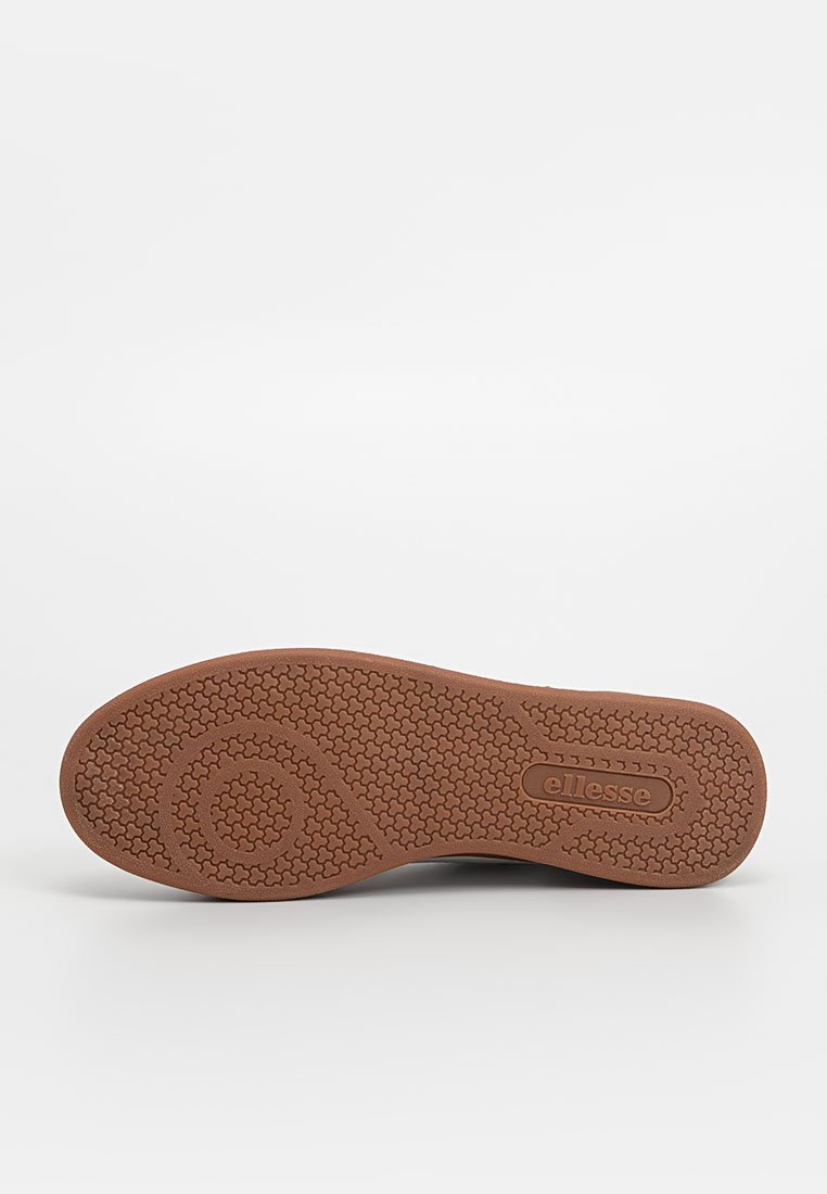 Suela de zapato con una superficie de goma marrón texturizada que presenta un patrón circular y un logotipo grabado "ellesse" en el lateral.