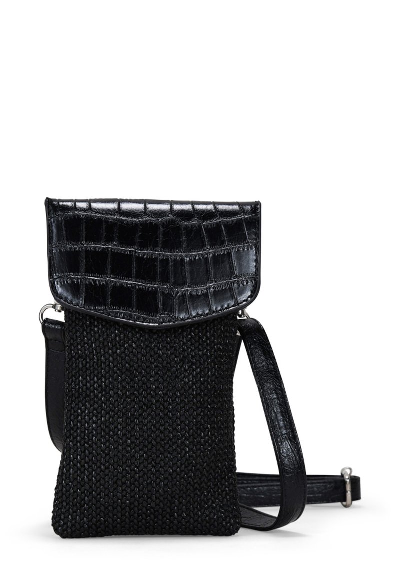 Bolso negro con un cuerpo tejido texturizado y una solapa de cuero con grabado de cocodrilo brillante. Incluye una correa desmontable para llevar.