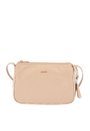 Borsa a tracolla rettangolare beige con chiusura a zip, tracolla sottile e piccolo logo dorato del marchio sul davanti.