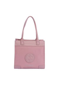 Bolso tote de cuero rosa con doble asa, que presenta un logotipo redondo en relieve y una textura suave, forma cuadrada y un diseño minimalista.