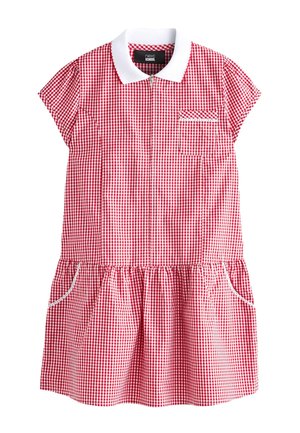 Rotes und weißes kariertes Kurzarmkleid mit weißem Kragen, Reißverschluss vorne, Brusttasche und gerafftem Rock mit spitzenbesetzten Seitentaschen.