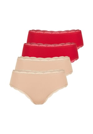 Two pairs of red and two pairs of beige women's lace-trimmed hipster underwear stacked on a white background.