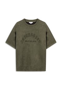 Olijfgroene t-shirt met korte mouwen, gemaakt van zachte stof. Kenmerkt zich door geborduurde tekst "IMPRESSION SELF BELIEVE" in een boogvorm.