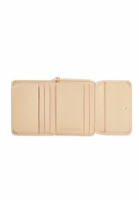 Beżowy skórzany portfel z zamykaną na zamek kieszonką na monety, wieloma miejscami na karty oraz gładką fakturą. Posiada tłoczone oznaczenie "Genuine Leather".