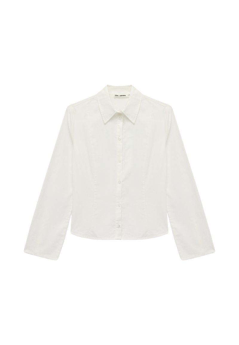 White long-sleeve button-up shirt made of crisp cotton. Features a classic pointed collar and straight cut with a slight waist fit.