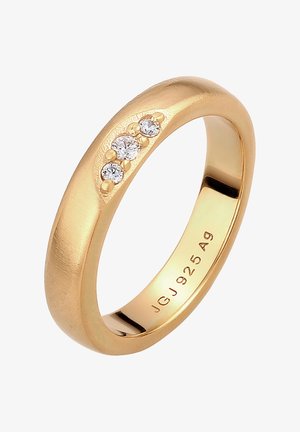 Goldring mit gebürstetem Finish, der drei kleine runde Diamanten in einer polierten Fassung trägt. Innen mit "JGJ 925 Ag" punziert.
