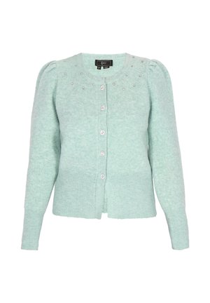 Mint green cardigan in soft knit fabric, featuring puffed shoulders, round neckline, front buttons, and decorative silver beads on the yoke.