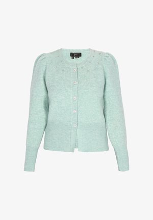Mint green cardigan in soft knit fabric, featuring puffed shoulders, round neckline, front buttons, and decorative silver beads on the yoke.