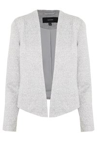 Světlý šedý blazer s mírně texturovaným povrchem, otevřený vpředu, dlouhými rukávy a moderním střihem. Podšívka je tmavě šedá.