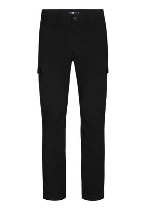 Pantaloni cargo neri in cotone, dotati di tasche laterali, chiusura con bottone e design a gamba dritta. Texture liscia in tutto il capo.
