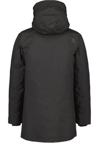 Parka nera con cappuccio, realizzata in un materiale liscio e resistente all'acqua. Presenta un discreto dettaglio del logo sulla parte superiore sinistra della schiena.