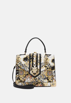 Zwart, wit en goud patroon handtas met tijgermotieven, goudkleurige kettingdetail, leopardenkop-sluiting, bovenhandvat en afneembare schouderriem.