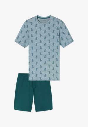 Herren-Zweiteiler-Schlafanzug mit hellblauem Kurzarmoberteil mit dunkelblauen Ananas-Motiven und einfarbigen, dunkelgrünen Shorts mit elastischem Bund.