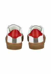 White sneakers with red leather accents, gray suede stripe, and brown rubber soles. Features a smooth texture and padded collar.