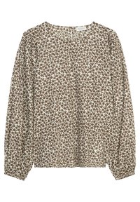 Blusa marrone con motivo floreale, collo rotondo, maniche lunghe a sbuffo e polsini arricciati. Realizzata in tessuto leggero con una texture morbida.