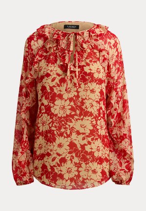 Κόκκινη και μπεζ μακρυμάνικη μπλούζα με floral σχέδιο, με βολάν στη λαιμόκοψη και κλείσιμο με κορδόνι, featuring χαλαρή και αέρινη εφαρμογή.