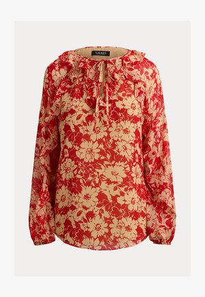 Κόκκινη και μπεζ μακρυμάνικη μπλούζα με floral σχέδιο, με βολάν στη λαιμόκοψη και κλείσιμο με κορδόνι, featuring χαλαρή και αέρινη εφαρμογή.