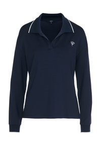 Polo de manga larga en tono azul marino con un ribete de color blanco en el cuello y un logo en el lado izquierdo del pecho. Confeccionado con una tela suave y lisa, presenta un corte cómodo.