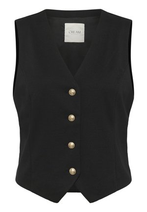 Schwarze ärmellose Weste mit V-Ausschnitt, fünf goldenen dekorativen Knöpfen und einem taillierten Design, aus glattem Stoff mit einem sauberen Finish.