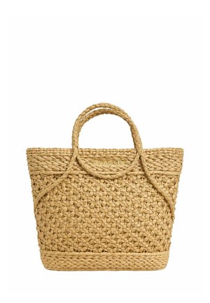 Borsa a tracolla in paglia intrecciata con manici intrecciati, colore beige naturale, stile tote con logo "TWINSET" al centro davanti.