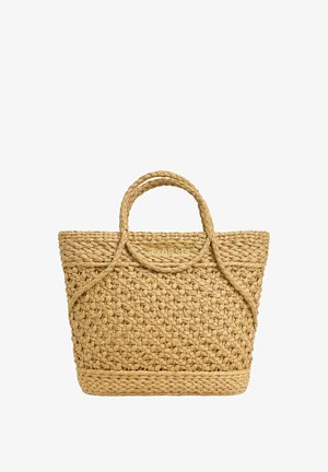 Borsa a tracolla in paglia intrecciata con manici intrecciati, colore beige naturale, stile tote con logo "TWINSET" al centro davanti.