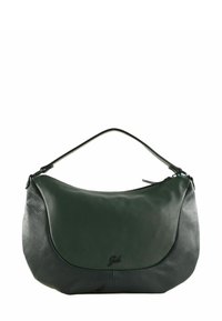 Borsa a spalla verde in pelle con una texture liscia, forma curva e chiusura con zip; presenta un dettaglio del logo sul davanti e una tracolla di dimensioni medie.
