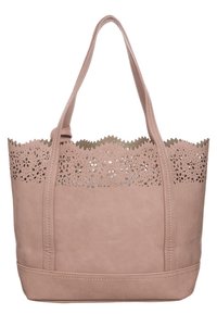 Sac cabas rose clair en cuir avec un haut festonné et un design floral découpé complexe. Il dispose de deux bretelles et d'une texture lisse.