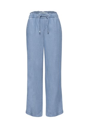 Hellblaue Hosen mit weitem Bein, elastischem Bund und verstellbarem Kordelzug, mit Seitentaschen und lässiger, entspannter Passform.