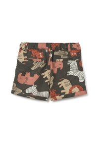 Shorts pour enfants en tissu sombre avec des imprimés d'animaux colorés, une taille élastique et une coupe décontractée. Pas de poches visibles.