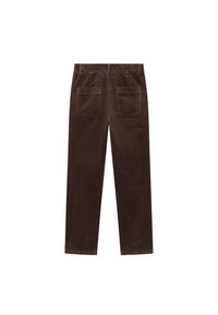 Bruna kordbyxor med två bakfickor och en rak passform. Materialet har en strukturerad yta med vertikal ribbning.
