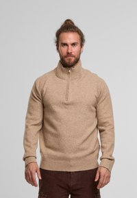 Beige knitted sweater with a high collar and half-zip closure. Features ribbed cuffs and hem, soft texture, and a fitted silhouette.