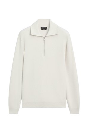 Flødefarvet trøje med høj krave og kvartlynlås, med lange ærmer og ribbet manchet. Blød tekstur.