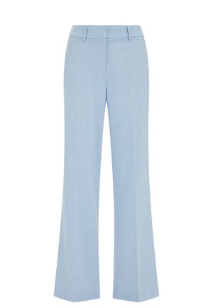 Svetlomodré nohavice na mieru s pútkami na opasok, predným zipsom a rovnými širokými nohavicami, zobrazené na bielom pozadí.