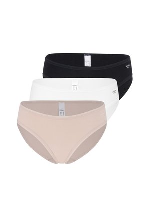 Drei Hipster-Unterhosen für Damen in Schwarz, Weiß und Beige, gestapelt vor weißem Hintergrund, mit sichtbaren Markenetiketten.