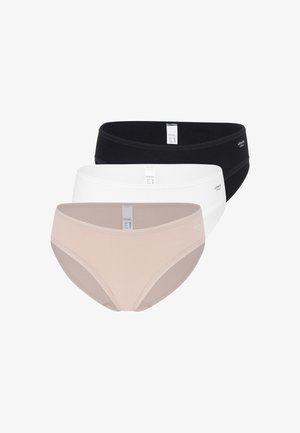 Drei Hipster-Unterhosen für Damen in Schwarz, Weiß und Beige, gestapelt vor weißem Hintergrund, mit sichtbaren Markenetiketten.