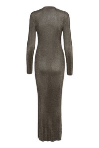 Dlouhý, úzký pletený šaty s dlouhým rukávem v metalické hnědé barvě, prezentované zezadu na jednobarevném bílém pozadí.