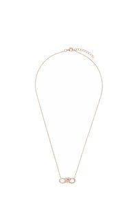 Collana in delicato oro rosa con ciondolo a forma di simbolo dell'infinito decorato con piccole pietre trasparenti scintillanti.